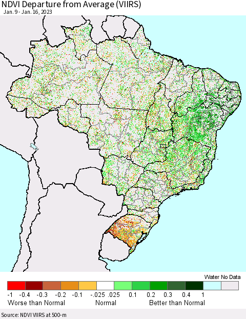Brazil NDVI Departure from Average (VIIRS) Thematic Map For 1/9/2023 - 1/16/2023