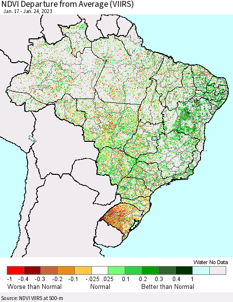 Brazil NDVI Departure from Average (VIIRS) Thematic Map For 1/17/2023 - 1/24/2023