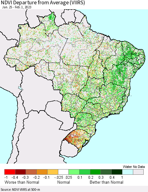 Brazil NDVI Departure from Average (VIIRS) Thematic Map For 1/25/2023 - 2/1/2023