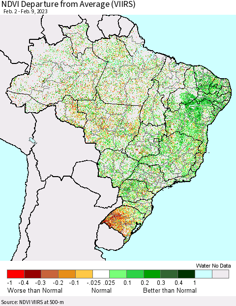 Brazil NDVI Departure from Average (VIIRS) Thematic Map For 2/2/2023 - 2/9/2023
