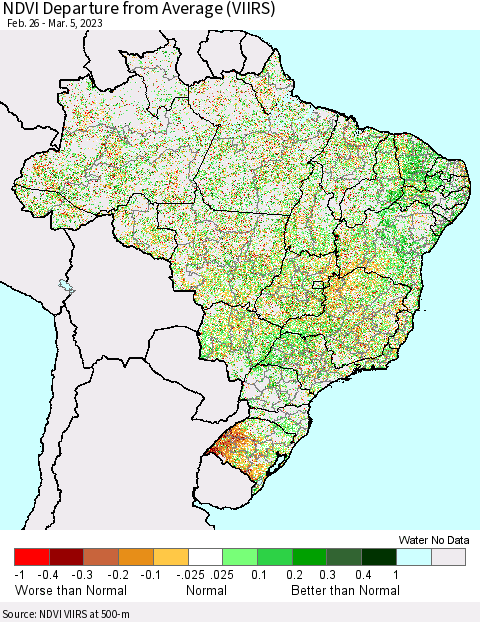 Brazil NDVI Departure from Average (VIIRS) Thematic Map For 2/26/2023 - 3/5/2023