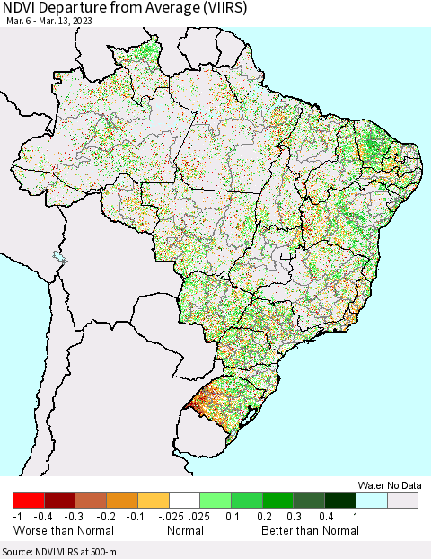 Brazil NDVI Departure from Average (VIIRS) Thematic Map For 3/6/2023 - 3/13/2023