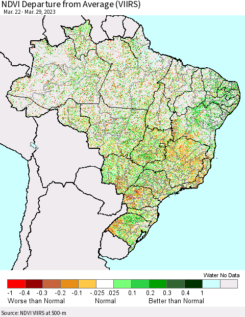 Brazil NDVI Departure from Average (VIIRS) Thematic Map For 3/22/2023 - 3/29/2023