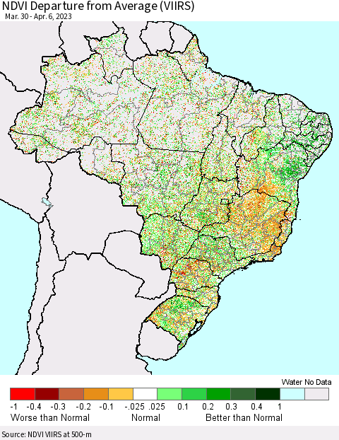 Brazil NDVI Departure from Average (VIIRS) Thematic Map For 3/30/2023 - 4/6/2023