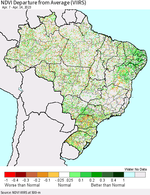 Brazil NDVI Departure from Average (VIIRS) Thematic Map For 4/7/2023 - 4/14/2023