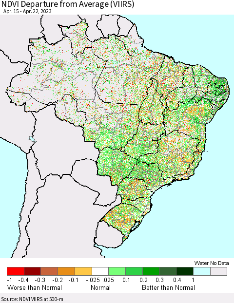 Brazil NDVI Departure from Average (VIIRS) Thematic Map For 4/15/2023 - 4/22/2023