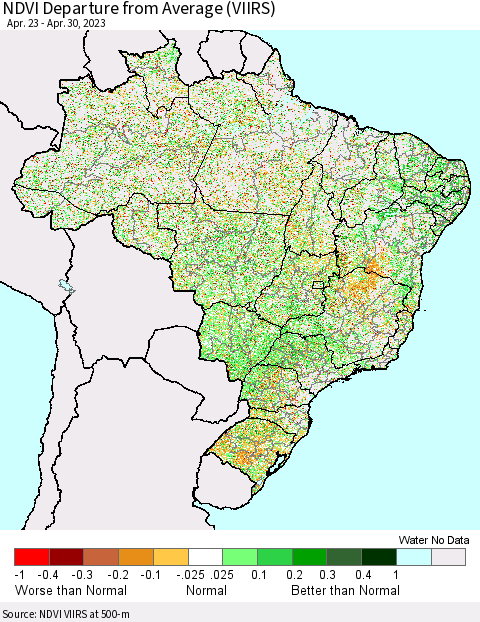 Brazil NDVI Departure from Average (VIIRS) Thematic Map For 4/23/2023 - 4/30/2023