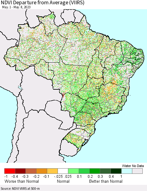 Brazil NDVI Departure from Average (VIIRS) Thematic Map For 5/1/2023 - 5/8/2023