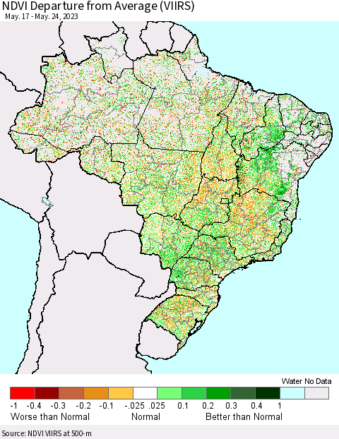 Brazil NDVI Departure from Average (VIIRS) Thematic Map For 5/17/2023 - 5/24/2023