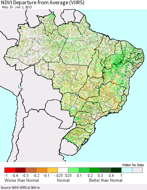 Brazil NDVI Departure from Average (VIIRS) Thematic Map For 5/25/2023 - 6/1/2023