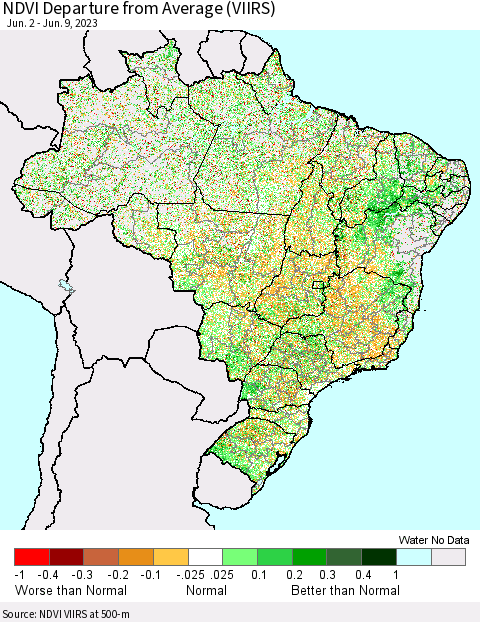 Brazil NDVI Departure from Average (VIIRS) Thematic Map For 6/2/2023 - 6/9/2023