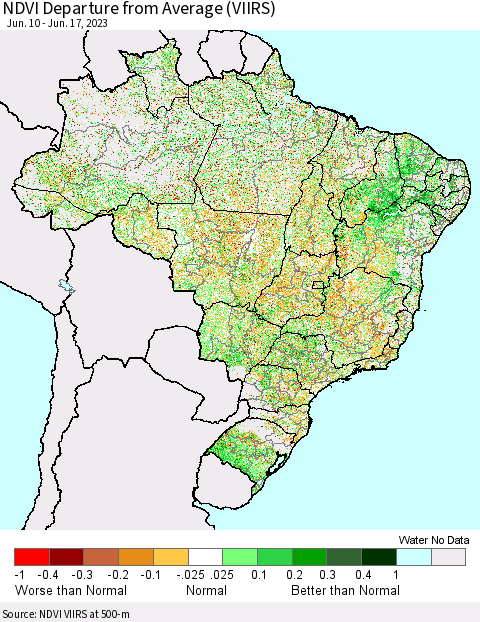 Brazil NDVI Departure from Average (VIIRS) Thematic Map For 6/10/2023 - 6/17/2023