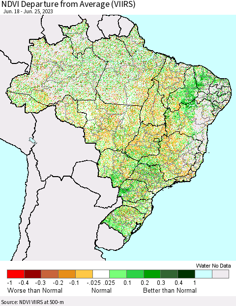 Brazil NDVI Departure from Average (VIIRS) Thematic Map For 6/18/2023 - 6/25/2023