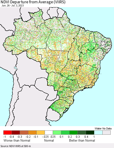 Brazil NDVI Departure from Average (VIIRS) Thematic Map For 6/26/2023 - 7/3/2023