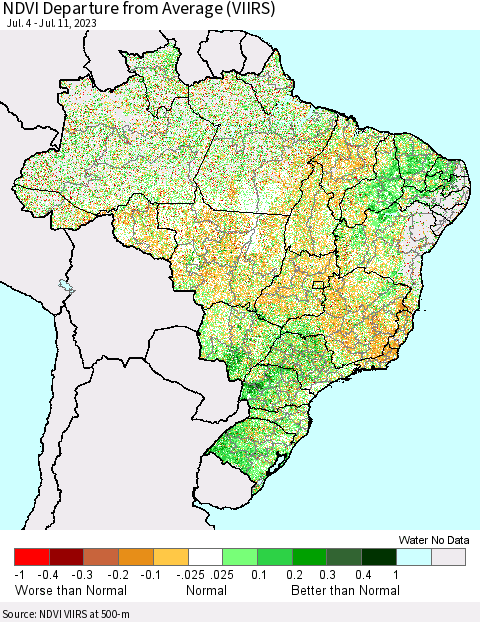 Brazil NDVI Departure from Average (VIIRS) Thematic Map For 7/4/2023 - 7/11/2023