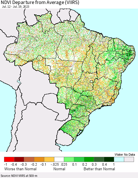 Brazil NDVI Departure from Average (VIIRS) Thematic Map For 7/12/2023 - 7/19/2023