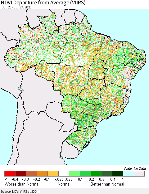 Brazil NDVI Departure from Average (VIIRS) Thematic Map For 7/20/2023 - 7/27/2023