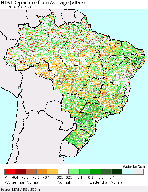 Brazil NDVI Departure from Average (VIIRS) Thematic Map For 7/28/2023 - 8/4/2023