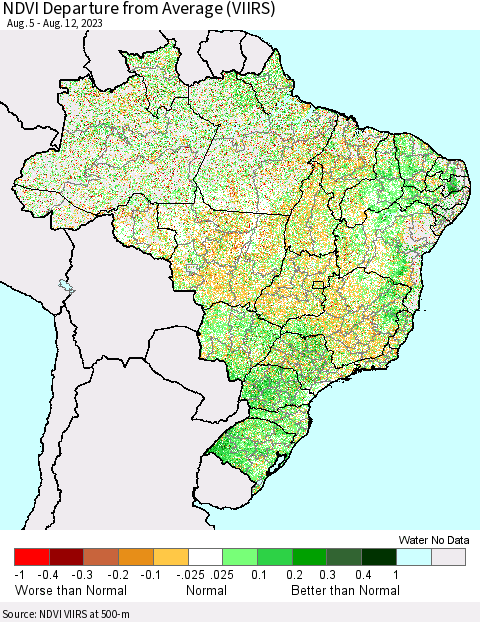 Brazil NDVI Departure from Average (VIIRS) Thematic Map For 8/5/2023 - 8/12/2023