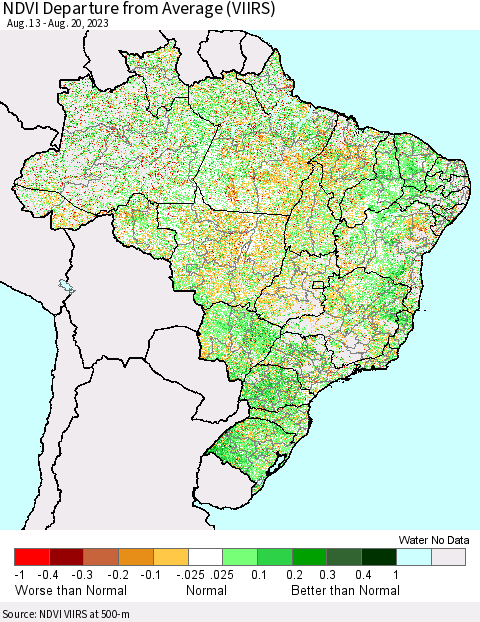 Brazil NDVI Departure from Average (VIIRS) Thematic Map For 8/13/2023 - 8/20/2023