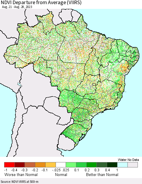 Brazil NDVI Departure from Average (VIIRS) Thematic Map For 8/21/2023 - 8/28/2023