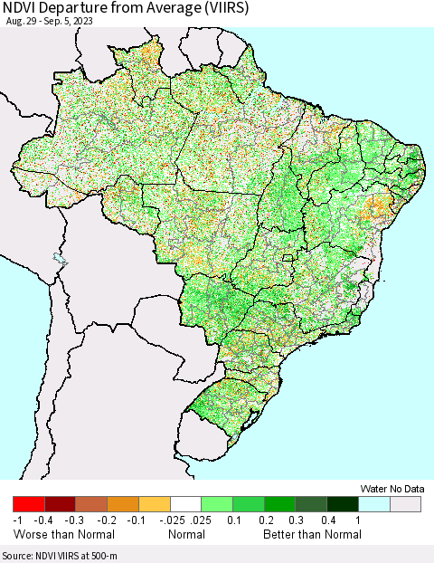 Brazil NDVI Departure from Average (VIIRS) Thematic Map For 8/29/2023 - 9/5/2023