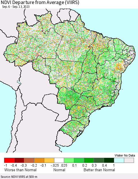 Brazil NDVI Departure from Average (VIIRS) Thematic Map For 9/6/2023 - 9/13/2023