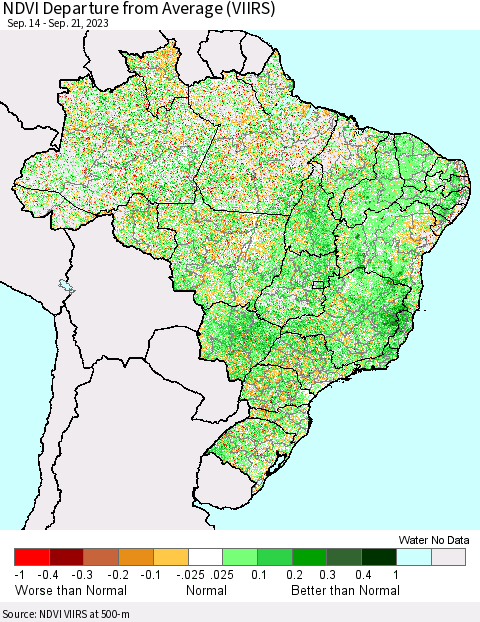 Brazil NDVI Departure from Average (VIIRS) Thematic Map For 9/14/2023 - 9/21/2023