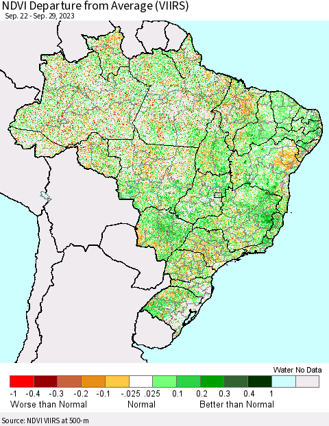 Brazil NDVI Departure from Average (VIIRS) Thematic Map For 9/22/2023 - 9/29/2023
