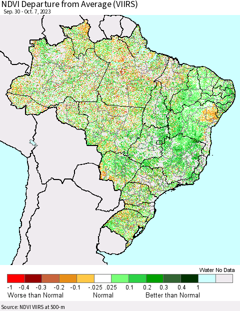 Brazil NDVI Departure from Average (VIIRS) Thematic Map For 9/30/2023 - 10/7/2023