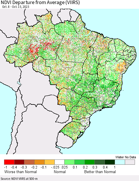 Brazil NDVI Departure from Average (VIIRS) Thematic Map For 10/8/2023 - 10/15/2023