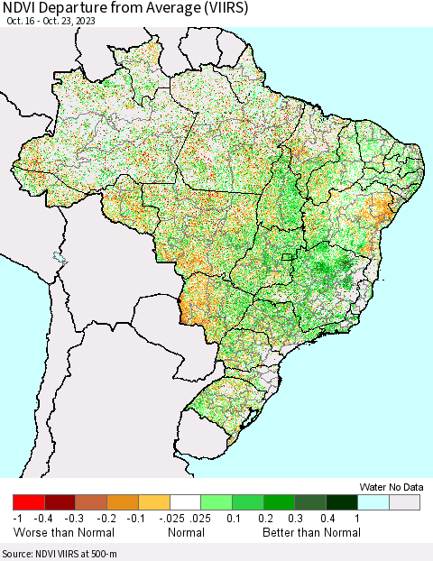 Brazil NDVI Departure from Average (VIIRS) Thematic Map For 10/16/2023 - 10/23/2023