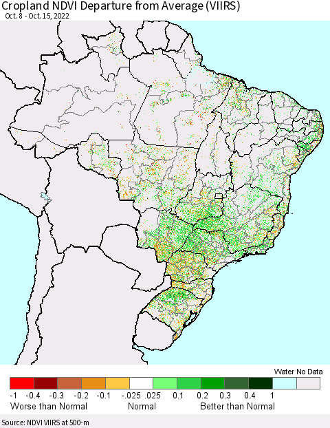 Brazil Cropland NDVI Departure from Average (VIIRS) Thematic Map For 10/8/2022 - 10/15/2022