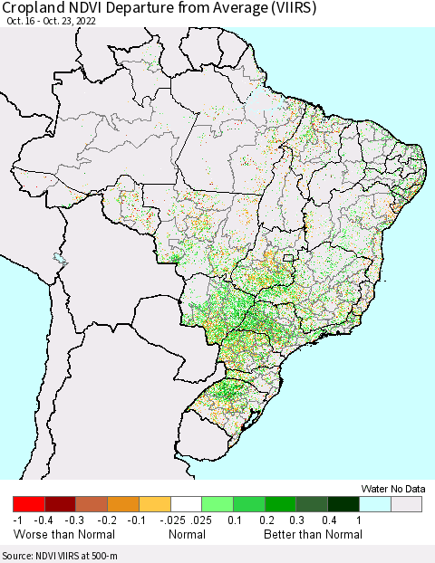 Brazil Cropland NDVI Departure from Average (VIIRS) Thematic Map For 10/16/2022 - 10/23/2022