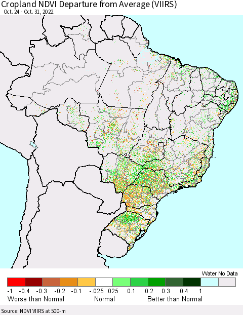 Brazil Cropland NDVI Departure from Average (VIIRS) Thematic Map For 10/24/2022 - 10/31/2022