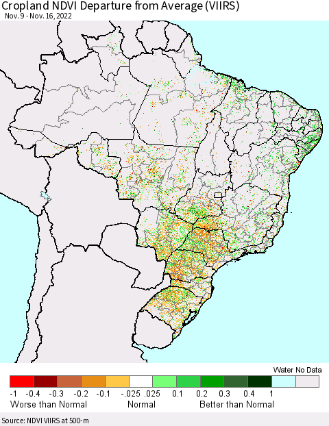 Brazil Cropland NDVI Departure from Average (VIIRS) Thematic Map For 11/9/2022 - 11/16/2022