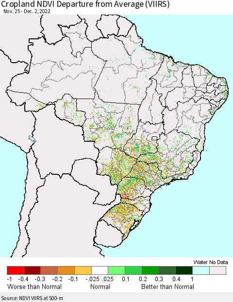 Brazil Cropland NDVI Departure from Average (VIIRS) Thematic Map For 11/25/2022 - 12/2/2022