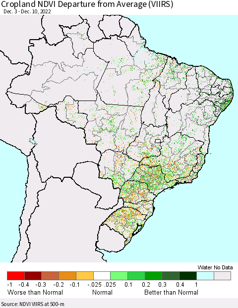 Brazil Cropland NDVI Departure from Average (VIIRS) Thematic Map For 12/3/2022 - 12/10/2022