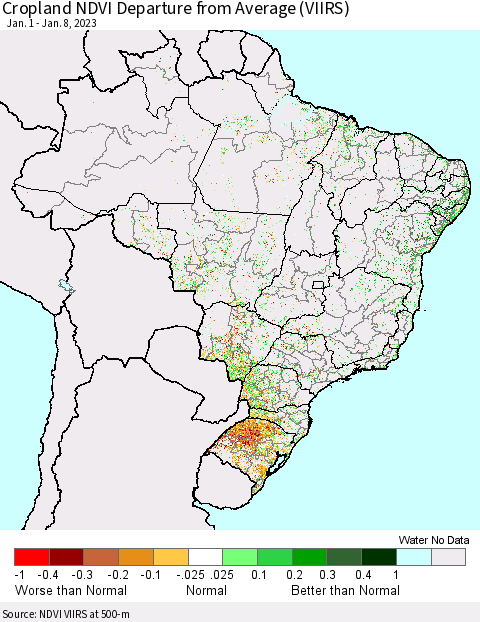 Brazil Cropland NDVI Departure from Average (VIIRS) Thematic Map For 1/1/2023 - 1/8/2023