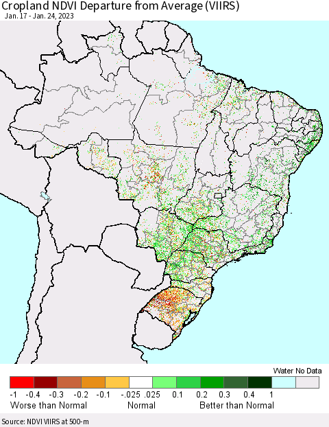 Brazil Cropland NDVI Departure from Average (VIIRS) Thematic Map For 1/17/2023 - 1/24/2023