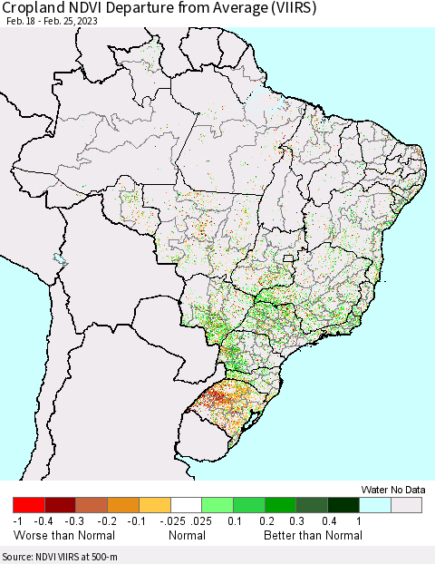 Brazil Cropland NDVI Departure from Average (VIIRS) Thematic Map For 2/18/2023 - 2/25/2023