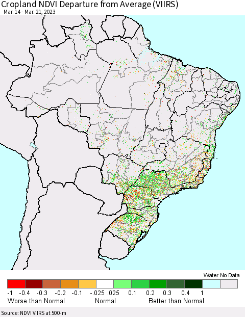 Brazil Cropland NDVI Departure from Average (VIIRS) Thematic Map For 3/14/2023 - 3/21/2023