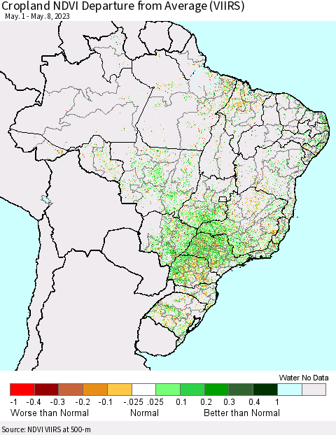 Brazil Cropland NDVI Departure from Average (VIIRS) Thematic Map For 5/1/2023 - 5/8/2023
