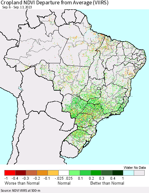 Brazil Cropland NDVI Departure from Average (VIIRS) Thematic Map For 9/6/2023 - 9/13/2023