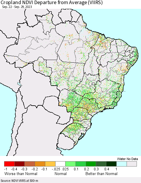 Brazil Cropland NDVI Departure from Average (VIIRS) Thematic Map For 9/22/2023 - 9/29/2023