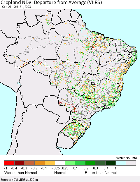 Brazil Cropland NDVI Departure from Average (VIIRS) Thematic Map For 10/24/2023 - 10/31/2023