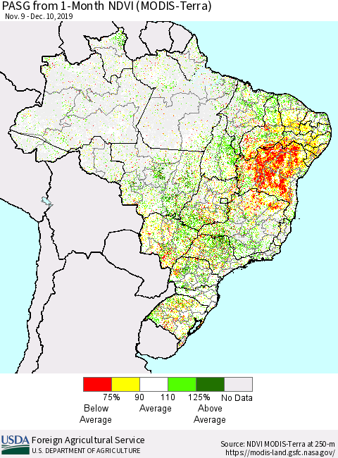 Brazil PASG from 1-Month NDVI (Terra-MODIS) Thematic Map For 12/1/2019 - 12/10/2019