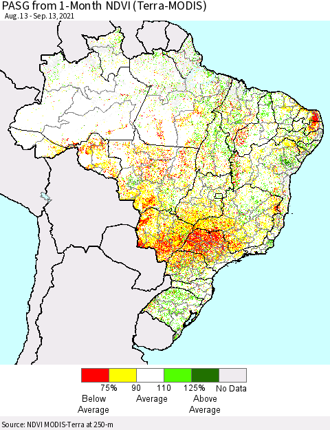 Brazil PASG from 1-Month NDVI (Terra-MODIS) Thematic Map For 9/6/2021 - 9/13/2021