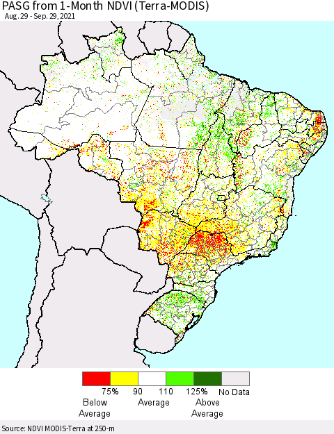 Brazil PASG from 1-Month NDVI (Terra-MODIS) Thematic Map For 9/22/2021 - 9/29/2021