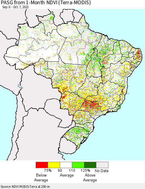 Brazil PASG from 1-Month NDVI (Terra-MODIS) Thematic Map For 9/30/2021 - 10/7/2021